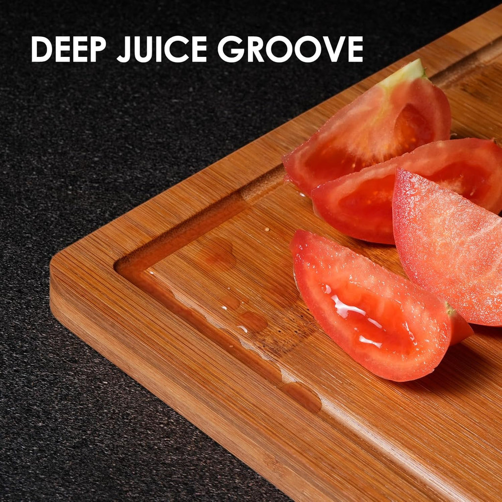 Kikcoin Bamboo Cutting Boards for Kitchen, (Set of 3) Kitchen Chopping Board with 3 Built-In Compartments and Juice Groove Heavy Duty Serving Tray Wood Butcher Block and Wooden Carving Board, Brown