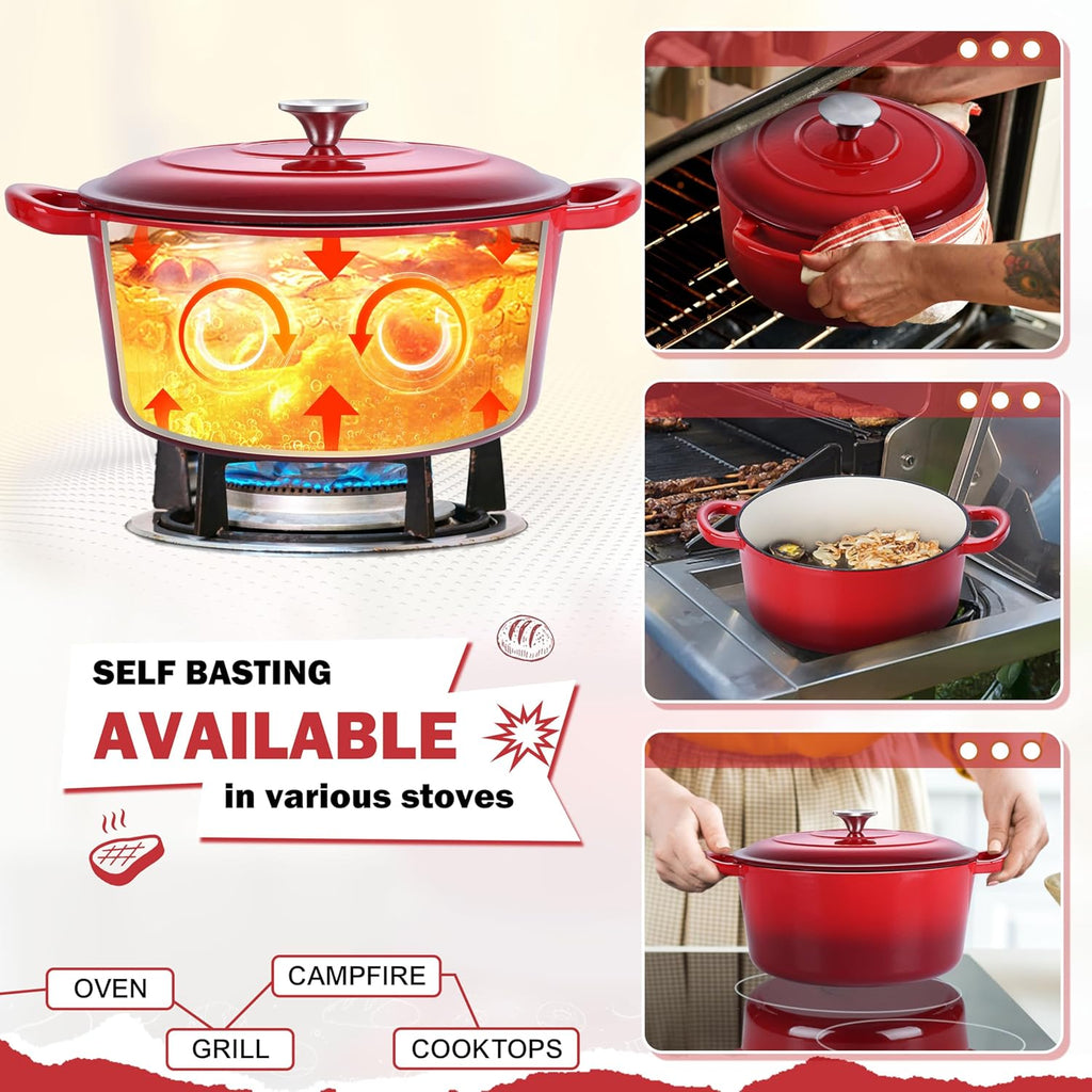 Small 3 Quart Dutch Oven, HaSteeL Round Cast Iron Cooking Pot with Lid, Nonstick Enameled Cookware for Sourdough Bread Baking Roasting Stewing Braising Frying, Heavy Duty & Oven Safe 500℉, Red