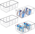 Vtopmart 4 Pack Food Storage Organizer Bins, Clear Plastic Bins for Pantry, Kitchen, Fridge, Cabinet Organization and Storage, 4 Compartment Holder Packets, Snacks, Pouches, Spice Packets