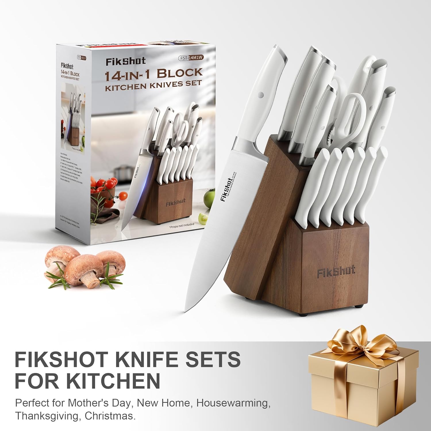 Knives Set for Kitchen, FIKSHOT 14PCS Kitchen Knife Set with Block, High Carbon Stainless Steel Full Tang Knife Sets Razor-Sharp Blade Professional Chef's Knife for Housewarming (WHITE)