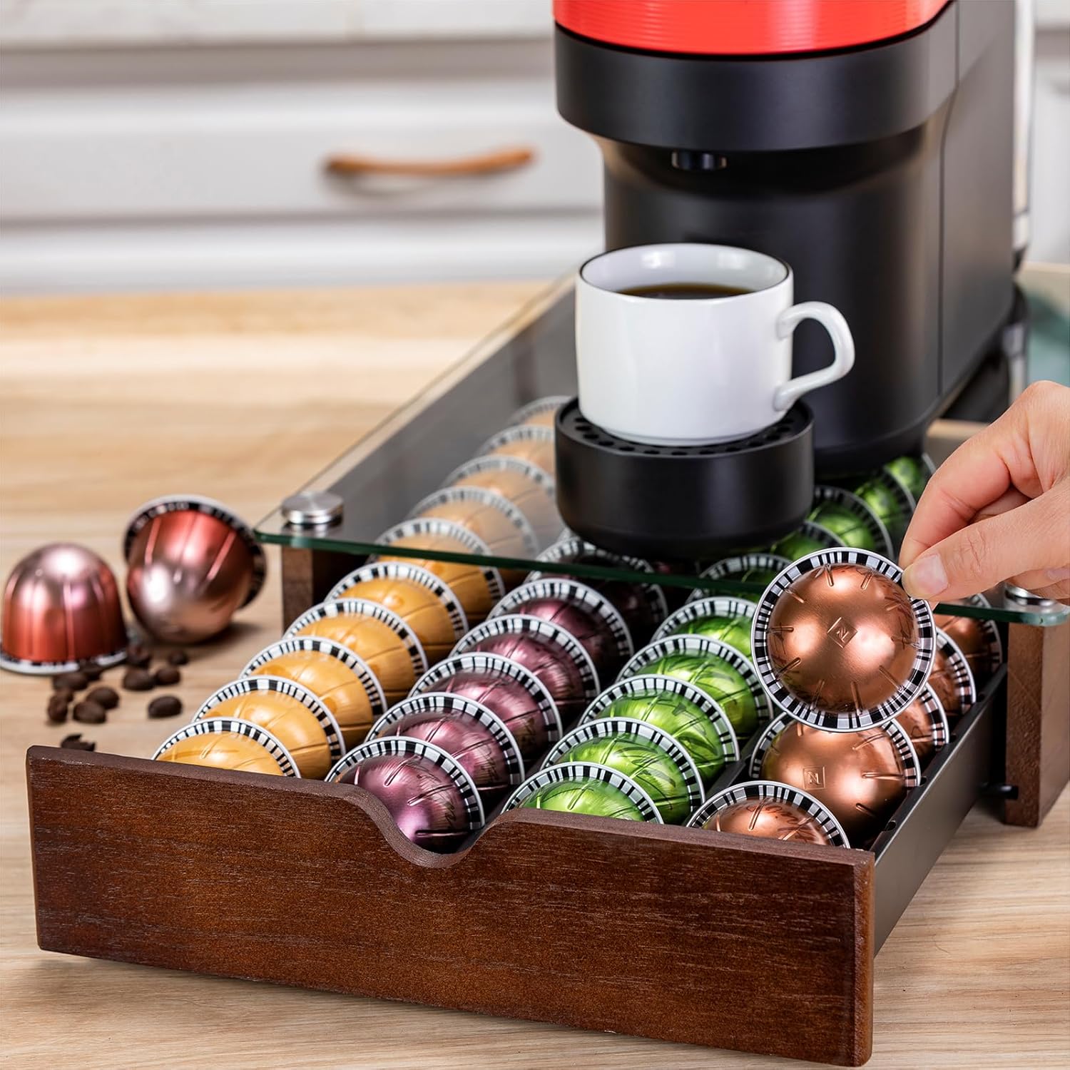 Nespresso Pod Holder Vertuo Pod Drawer With Glass For Cabinet Vertuoline Pod Storage Rack For Counter (40 Pods)