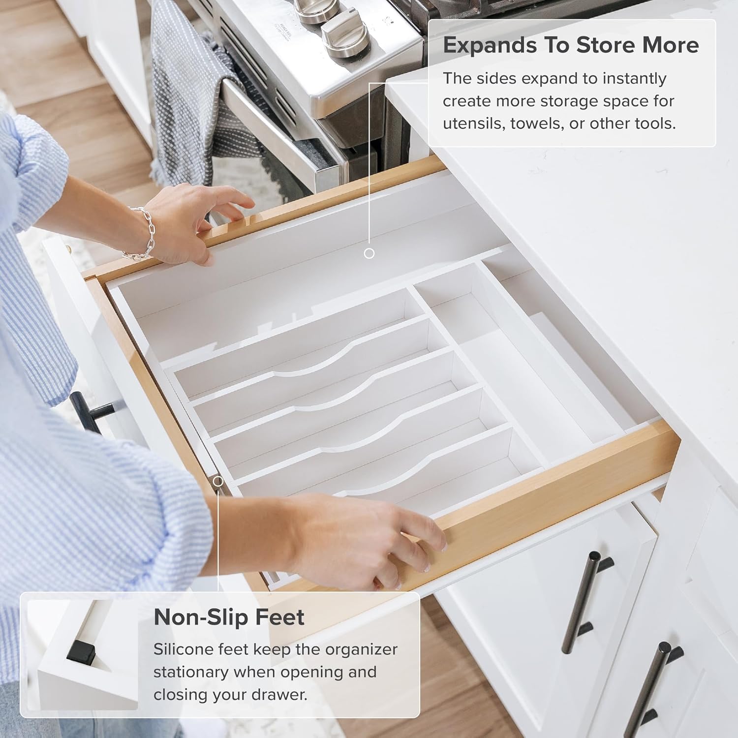 KitchenEdge Premium Silverware, Flatware and Utensil Organizer for Kitchen Drawers, Food-Safe Contract Grade, Expandable from 10.5 to 19 In, White Bamboo