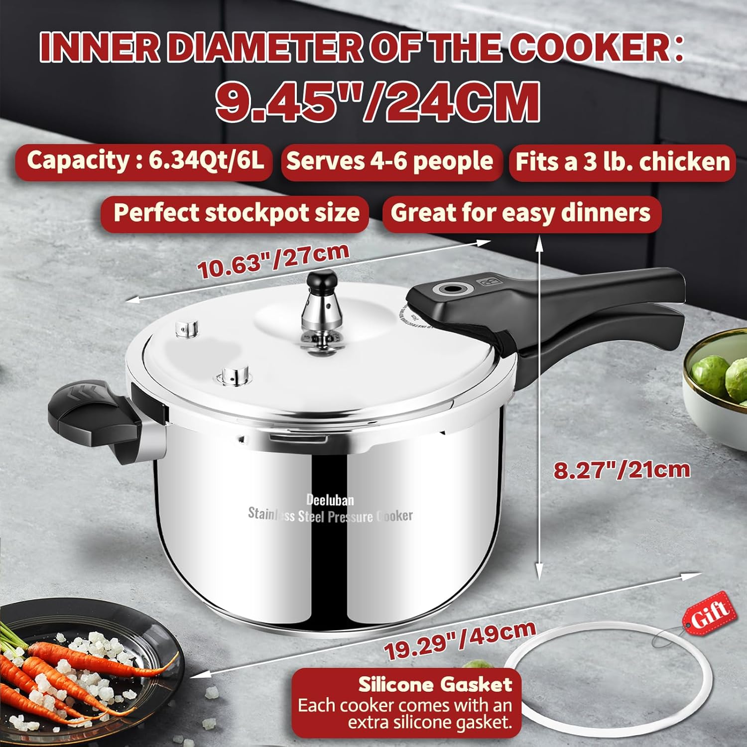 Stainless Steel Pressure Cooker 6.34 Quart, Heavy-Duty, Food-Grade, All Stovetop & Induction Compatible with Multi-Safety Lock System for Gas Electric Ceramic, Commercial Home Kitchen Use, Deeluban