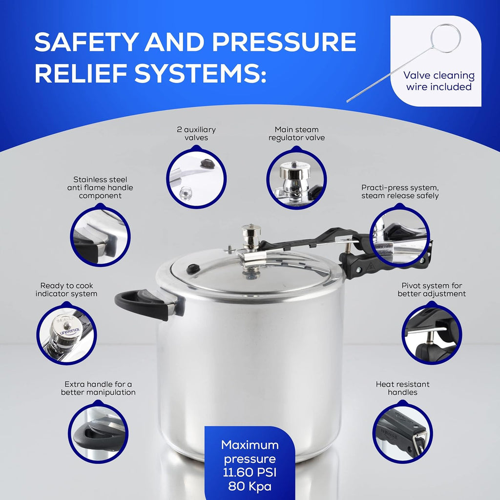 Universal (13.7 Quart / 13 Liter) Pressure Cooker, 14 Servings, Aluminum Pressure Cooker With Multiple Safety Systems and Heat Resistant Handles For Stews, Soup, Meat, and Beans