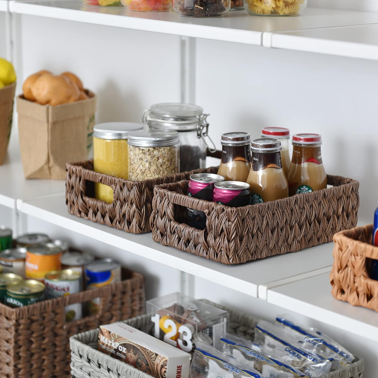 GRANNY SAYS Wicker Baskets with Handles,Small Woven Basket for Storage, Waterproof Storage Basket Organizer,Decorative Storage Boxes for Organing Pantry,Brown Basket,2-Pack,11 1/4''L x 7 1/2''W x 3 1/2''H
