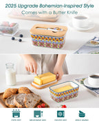 vancasso SIMI Butter Dish with Lid, 6.5" Large Butter Dish for Countertop, Bohemian Ceramic Butter Keeper Container with Knife and Bamboo Lid, Butter Holder for Counter, Golden Bloom