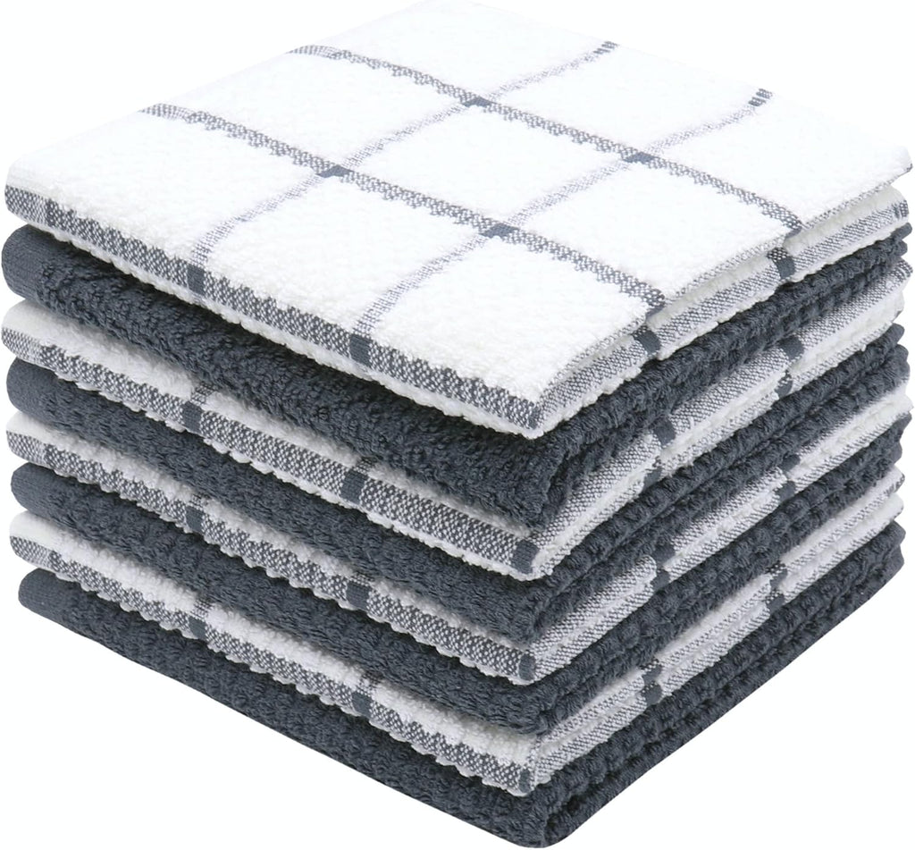 Cotton Dish Towels for Kitchen, Terry Dish Cloths for Washing Dishes, 12 x 12 Inches, Light and Soft, Quick Drying Dish Rags for Cleaning, 8pc/Set (Grey Multi)