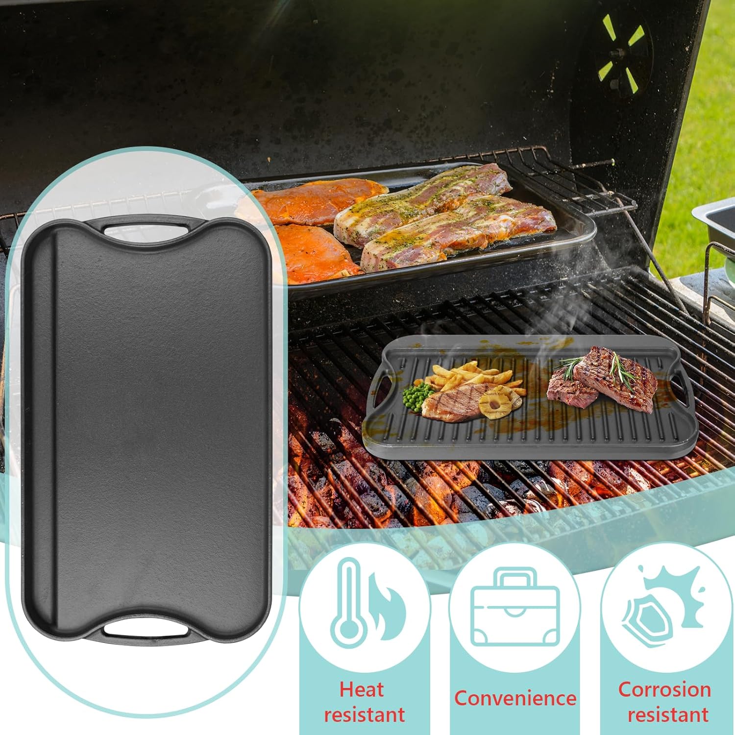 2 in 1 Reversible Cast Iron Griddle for Gas Grill, Flat Top Grill Pan for Gas Stove, Pre-Seasoned Oven Top pan,Upgrade Double Burner Griddle for Indoor & Outdoor Cooking Accessories, 17" X 10"