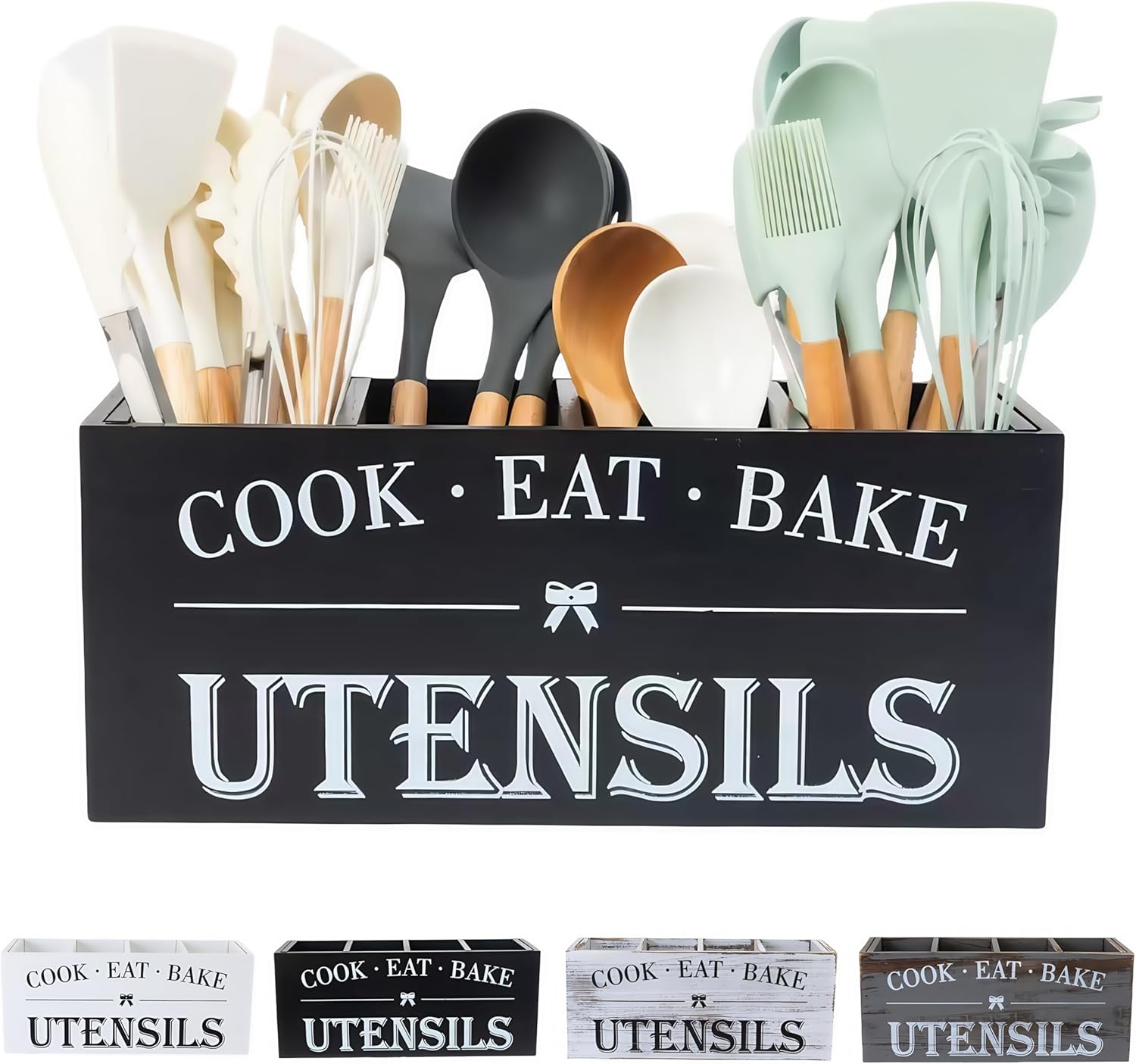 Utensil Holder,Extra Large Wooden Utensil Holder For Kitchen Counter,Cooking Spatula Organizer,Big Storage Caddy With 4 Compartments Flatware Spoon Tool Cutlery