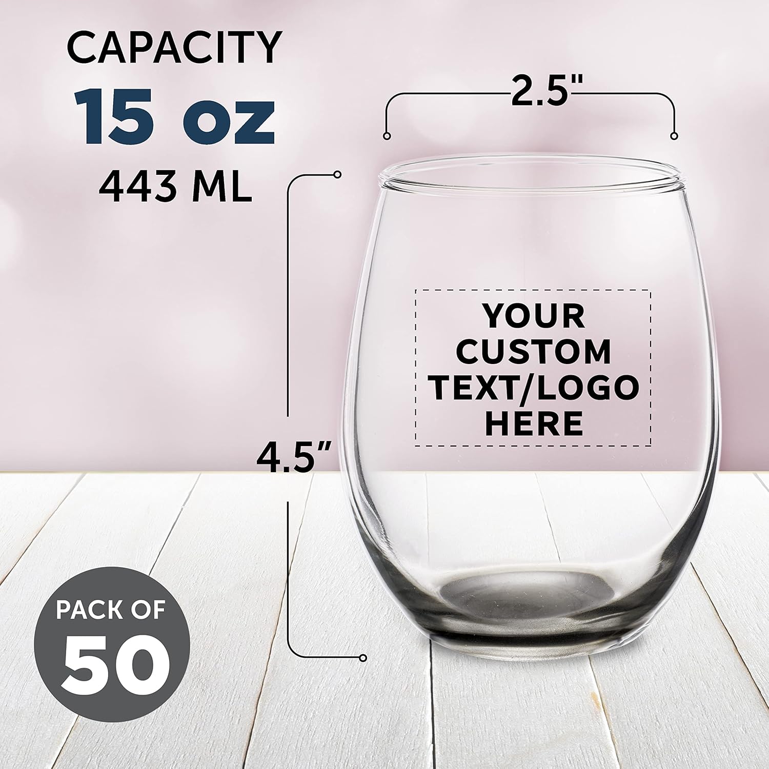 Custom Stemless Wine Glasses in Bulk by ARC Perfection, 15 oz, 50 pack, Personalized Text, Logo, Red or White Wine Glass Set, Black