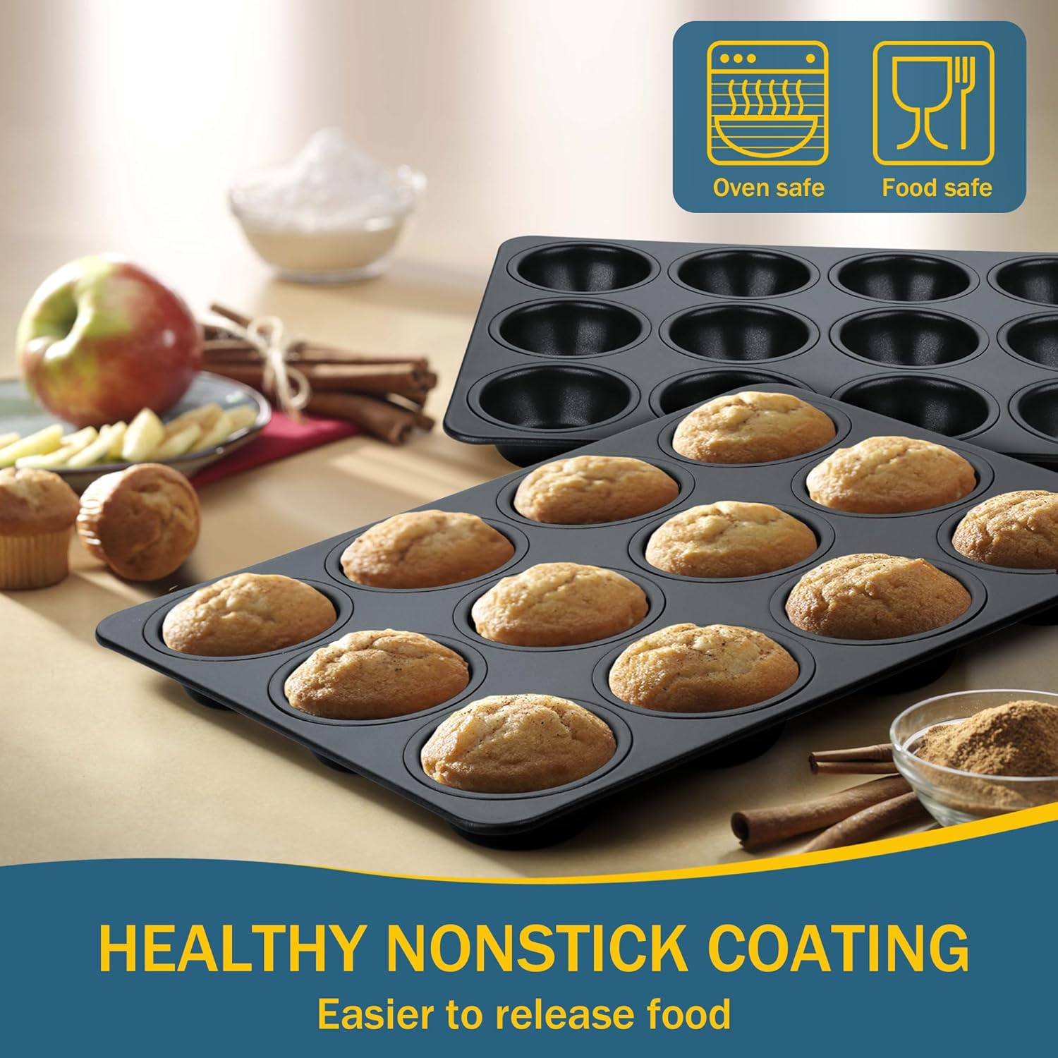 E-far Nonstick Muffin Pan 12 Cups Set of 2, Stainless Steel Muffin Tin Cupcake Pan Tray for Baking, Stainless Steel Core & Non Toxic, Easy Release & Easy Clean, Black