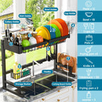 ADBIU Fit Sink 24.5"- 35.5" L Over Sink Dish Drying Rack (Expandable Dimension) Snap-On Design 2 Tier Large Kitchen Dish Rack Stainless Steel Counter Organization and Storage