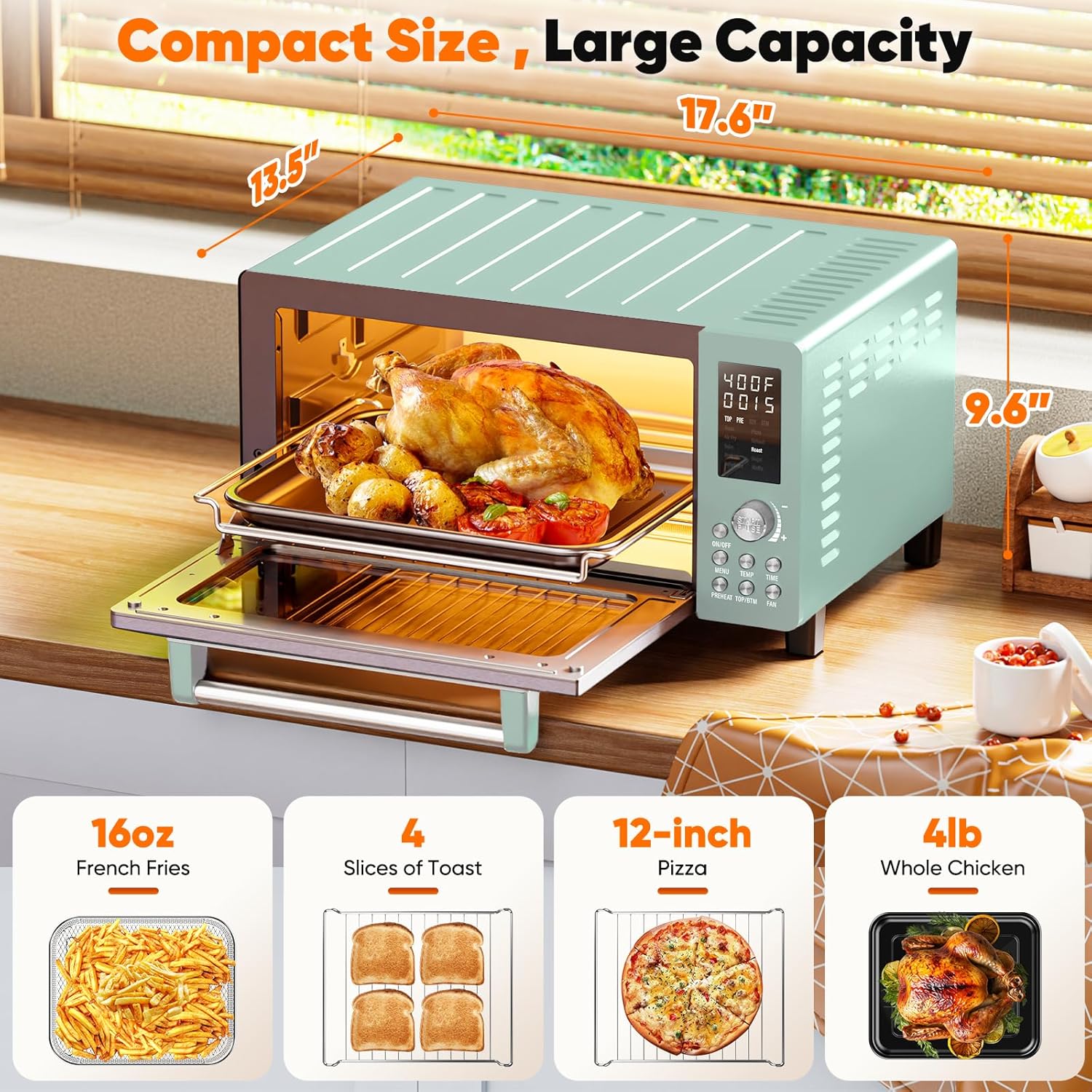 Nuwave Bravo Pro Smart 21QT Toaster Oven Air Fryer Combo, Convection Oven Countertop, 10 functions all in 1, with even & quick crisp technology, 50-450°F, 1800W, Mint Green
