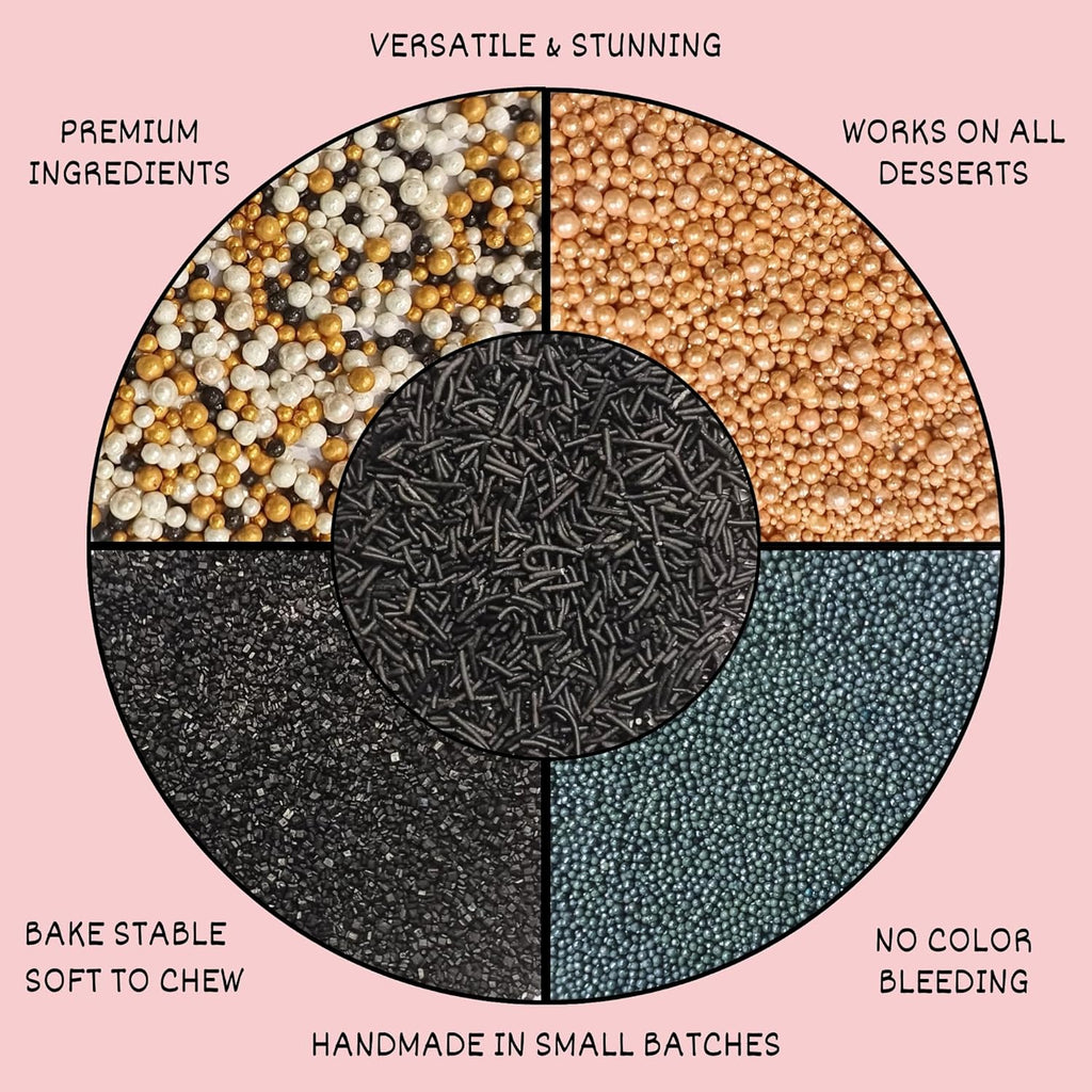 Confect Masquerade Sprinkles Mix – Champagne Gold & Black Pearl Dragees, Black Jimmies & Sparkling Sugar | Edible Sprinkles for Cakes, Cupcakes & Desserts | Vegan, Gluten-Free, Nut-Free, Soy-Free, Dairy-Free, Palm Oil-Free- 5 Oz