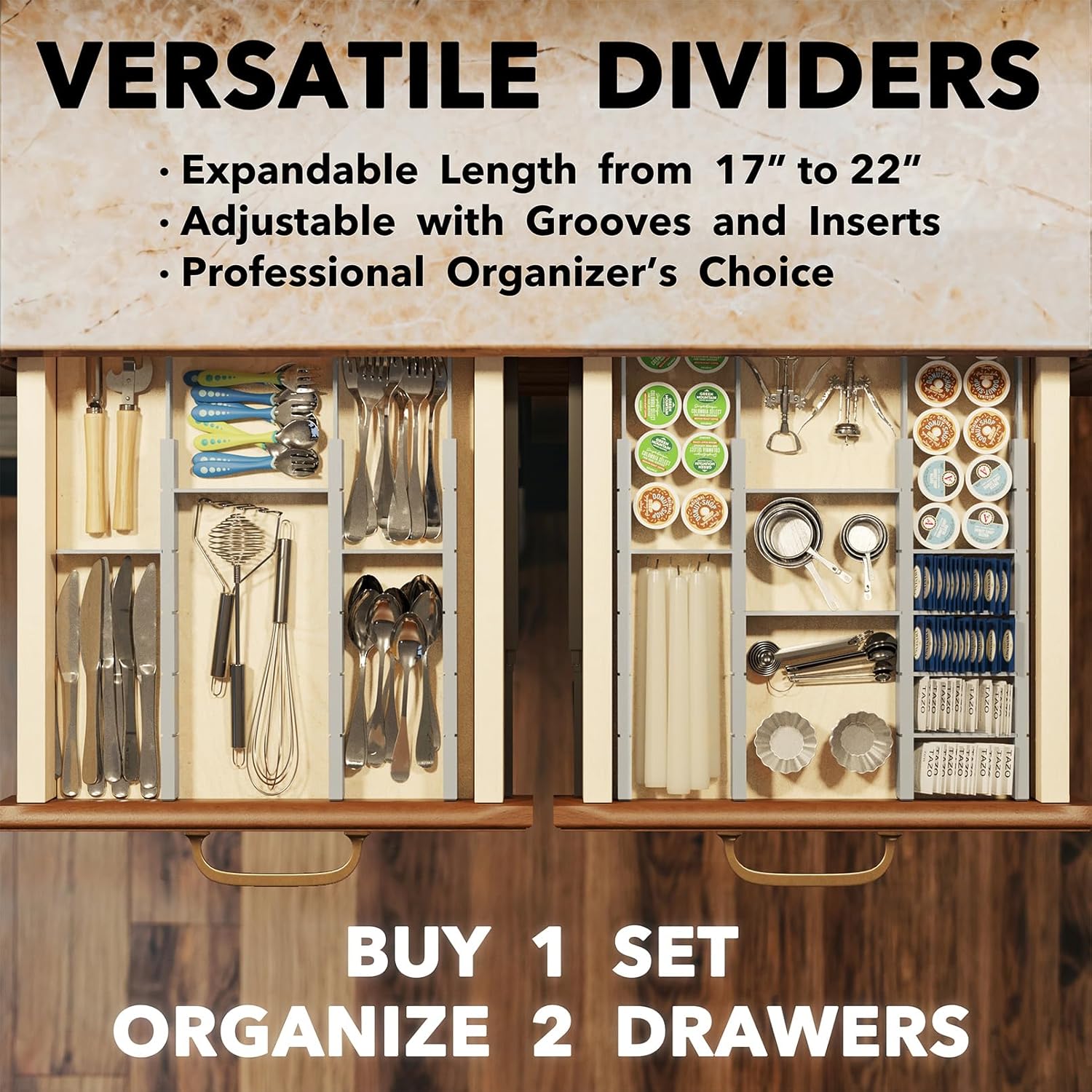 SpaceAid Bamboo Drawer Dividers with Inserts and Labels, Kitchen Adjustable Drawer Organizers, Expandable Organization for Home, Office, Dressers, 7 Dividers with 15 Inserts (17"-22" Gray)