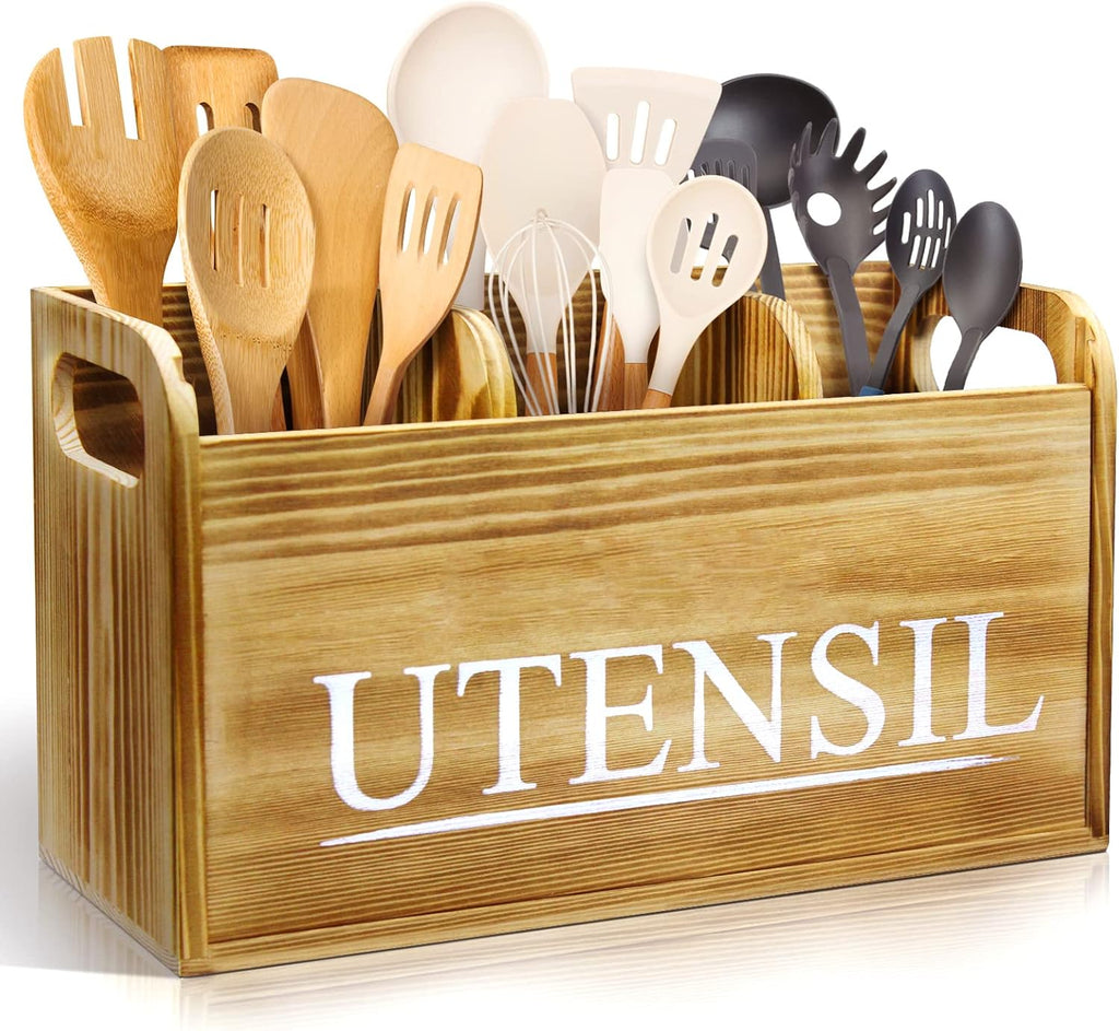 Kitchen Utensil Holder Rustic Large Wooden Utensil Organizer Cooking Tools Storage (Farmhouse Wooden)