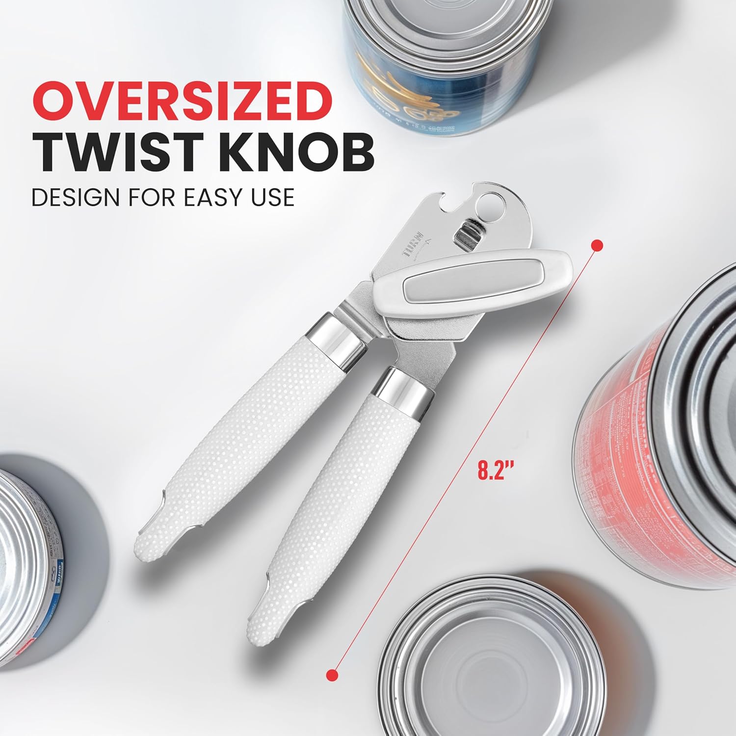 Zulay Kitchen Heavy Duty Stainless Steel Can Opener Manual with Large Bottle Opener - Manual Can Opener with Turn Knob with Soft Grip Handles - White