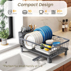 Dish Drying Rack - Small Dish Rack for Kitchen Counter, Stainless Steel Dish Drainer with Utensil Holder and Drainboard (Grey)