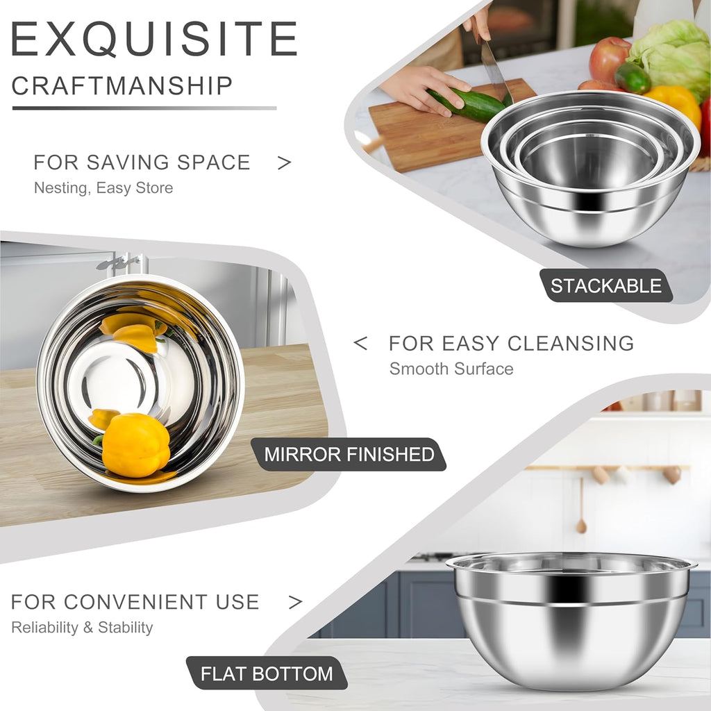 HaWare Mixing Bowls with Airtight Clear Lids, 6-Piece Stainless Steel Strong Nesting Bowls Set, Metal Salad Bowl for Cooking, Prepping, Baking, Serving & Food Storage, Size 4.6, 3, 1.5QT, Black