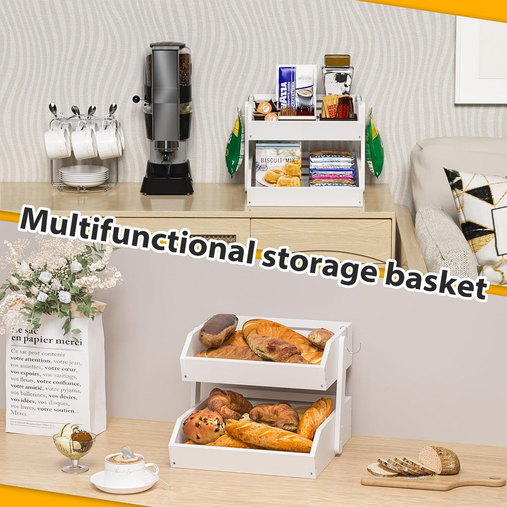 Bamboo Fruit Basket for Kitchen - 2 Tier Fruit Bowl, Large Holder With Banana Hangers, Idea For Vegetable Storage, Bread Display, Snack Organizer (White)