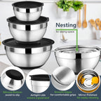 P&P CHEF Mixing Bowl with Lids Set of 3, Stainless Steel Nesting Salad Bowls for Serving Preparing, 3 Grater Attachments & Non-Slip Bottoms, Size 1.5/2.6/4.6 QT, Black