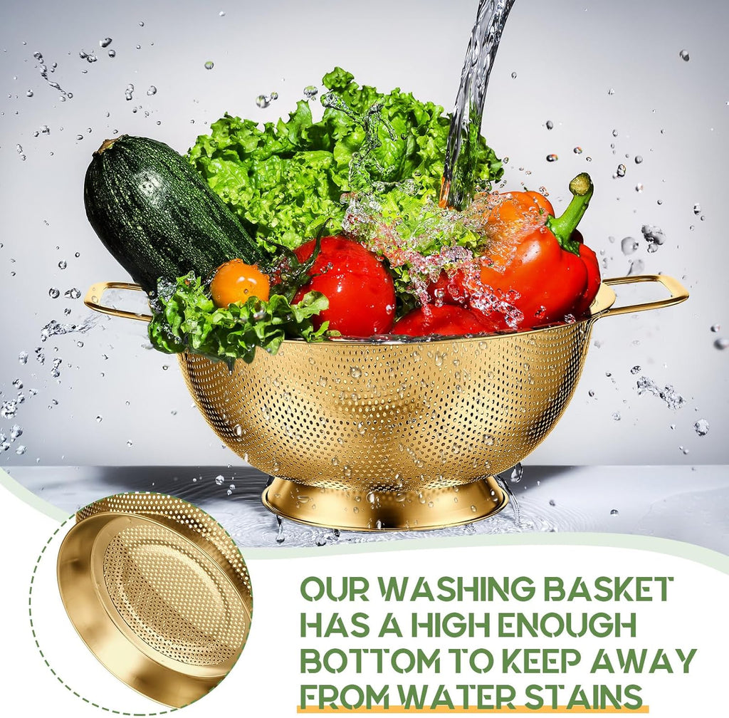 Bokon 3 Pcs Stainless Steel Colander Set Colander Bowl and Sieves 1/3/5 Quart Metal Mesh Strainer Net Basket with Handles Food Spaghetti Strainer for Kitchen Draining Pasta Rinsing(Gold)