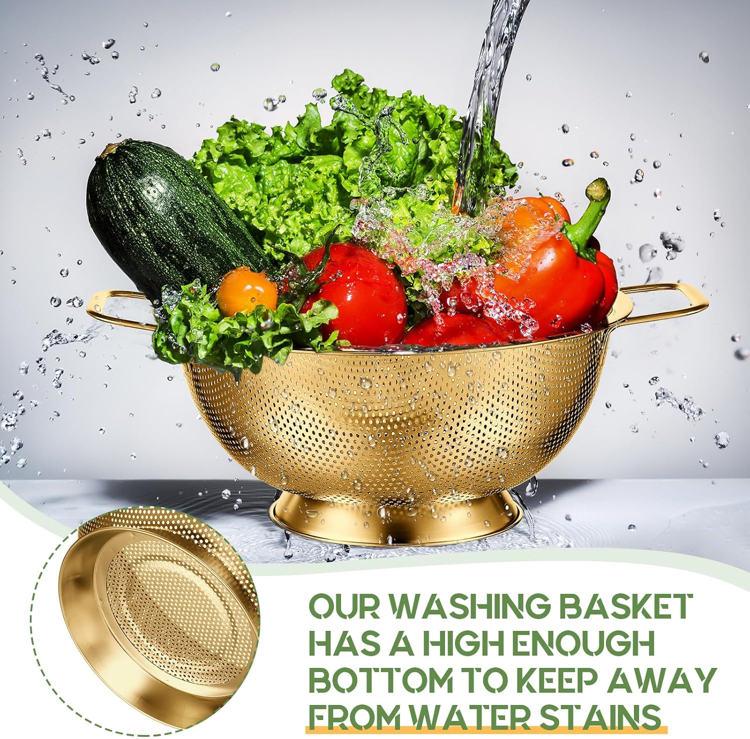 Bokon 3 Pcs Stainless Steel Colander Set Colander Bowl and Sieves 1/3/5 Quart Metal Mesh Strainer Net Basket with Handles Food Spaghetti Strainer for Kitchen Draining Pasta Rinsing(Gold)