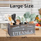 Utensil Holder,Extra Large Wooden Utensil Holder For Kitchen Counter,Cooking Spatula Organizer,Big Storage Caddy With 4 Compartments Flatware Spoon Tool Cutlery（Grey）
