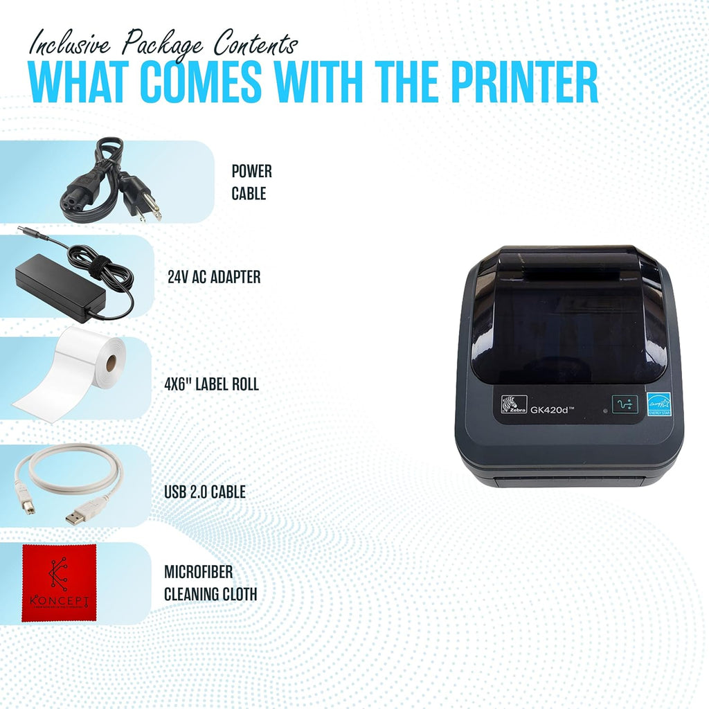 GK420D Zebra Direct Thermal Label & Barcode Printer - Parallel/USB Connectivity- 1 Year Warranty - Comes with 24V, 4x6 Label Roll, USB 2.0 Cable & Microfiber Cleaning Cloth