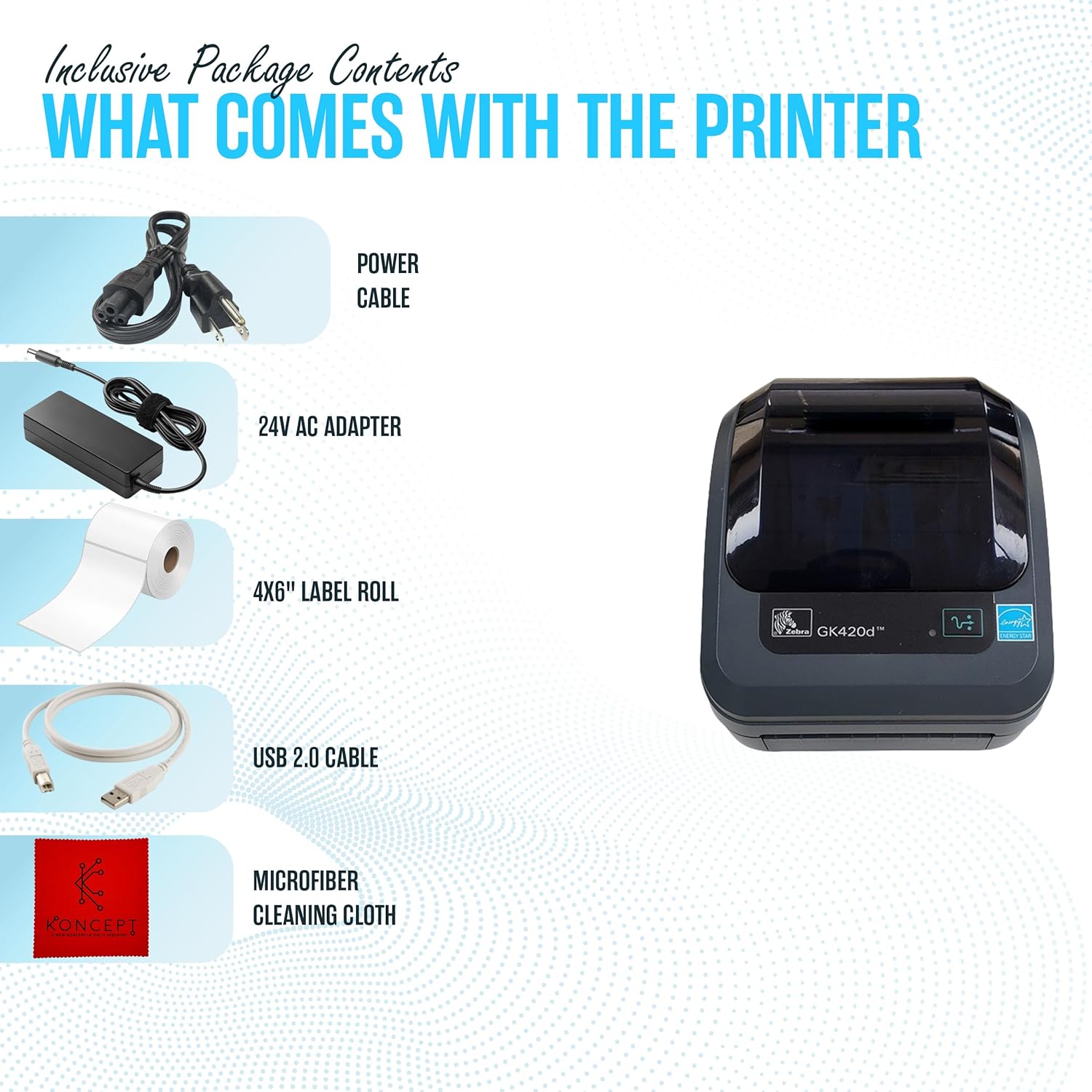 GK420D Zebra Direct Thermal Label & Barcode Printer - Parallel/USB Connectivity- 1 Year Warranty - Comes with 24V, 4x6 Label Roll, USB 2.0 Cable & Microfiber Cleaning Cloth