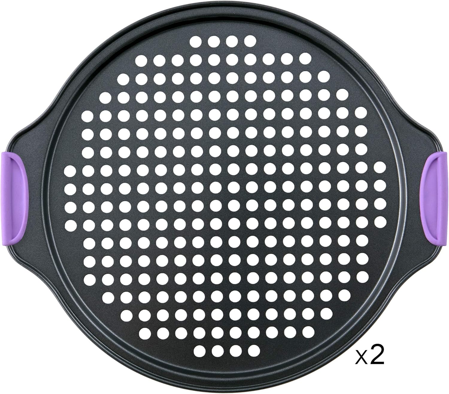 Amazing Abby - Chef Stacy - 2-Pack 13-Inch Non-Stick Pizza Pan with Holes, Perforated Pizza Crisper with Heat-Resistant Silicone Handle Grips, Oven-Safe Bakeware, Carbon Steel Baking Pan for Oven