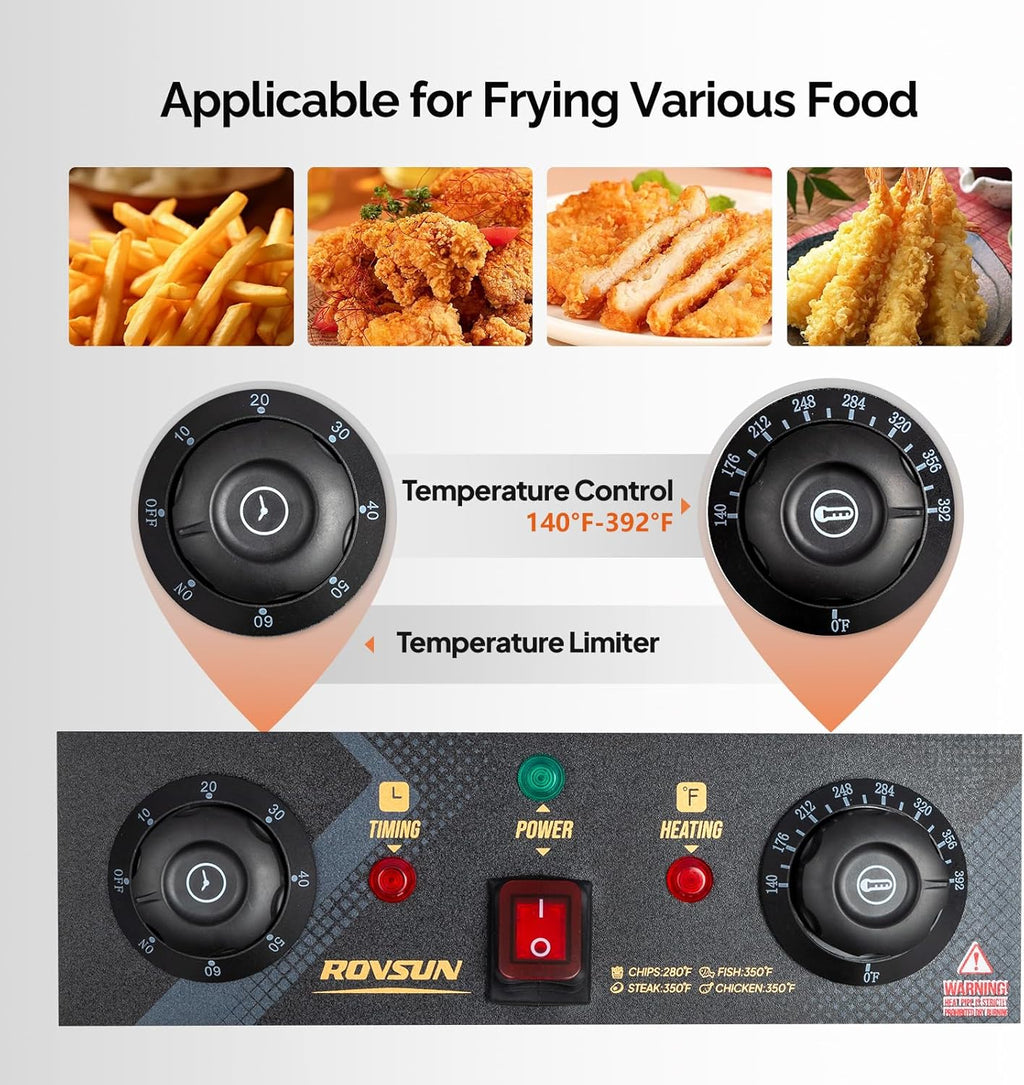 ROVSUN 24.9QT Electric Deep Fryer w/Frying Baskets Timer Drains & Lids, Dual Tank Kitchen Countertop Commercial Frying Machine, Adjustable Temperature, for French Fries Donuts Onion Rings, 3400W 110V