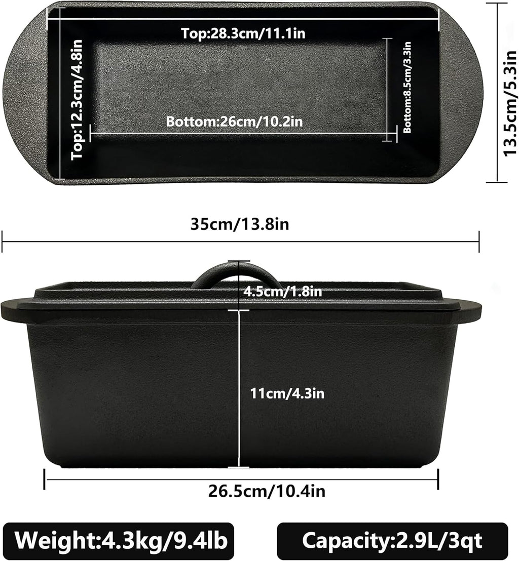 Cast Iron Bread Loaf Pan with Lid - 11x5 Inch Heavy Duty Dutch Oven for Sourdough Baking & Artisan Bread Pre-Seasoned Sandwich, 3 Quart Nonstick Loaf Pan for Home Kitchen Restaurant