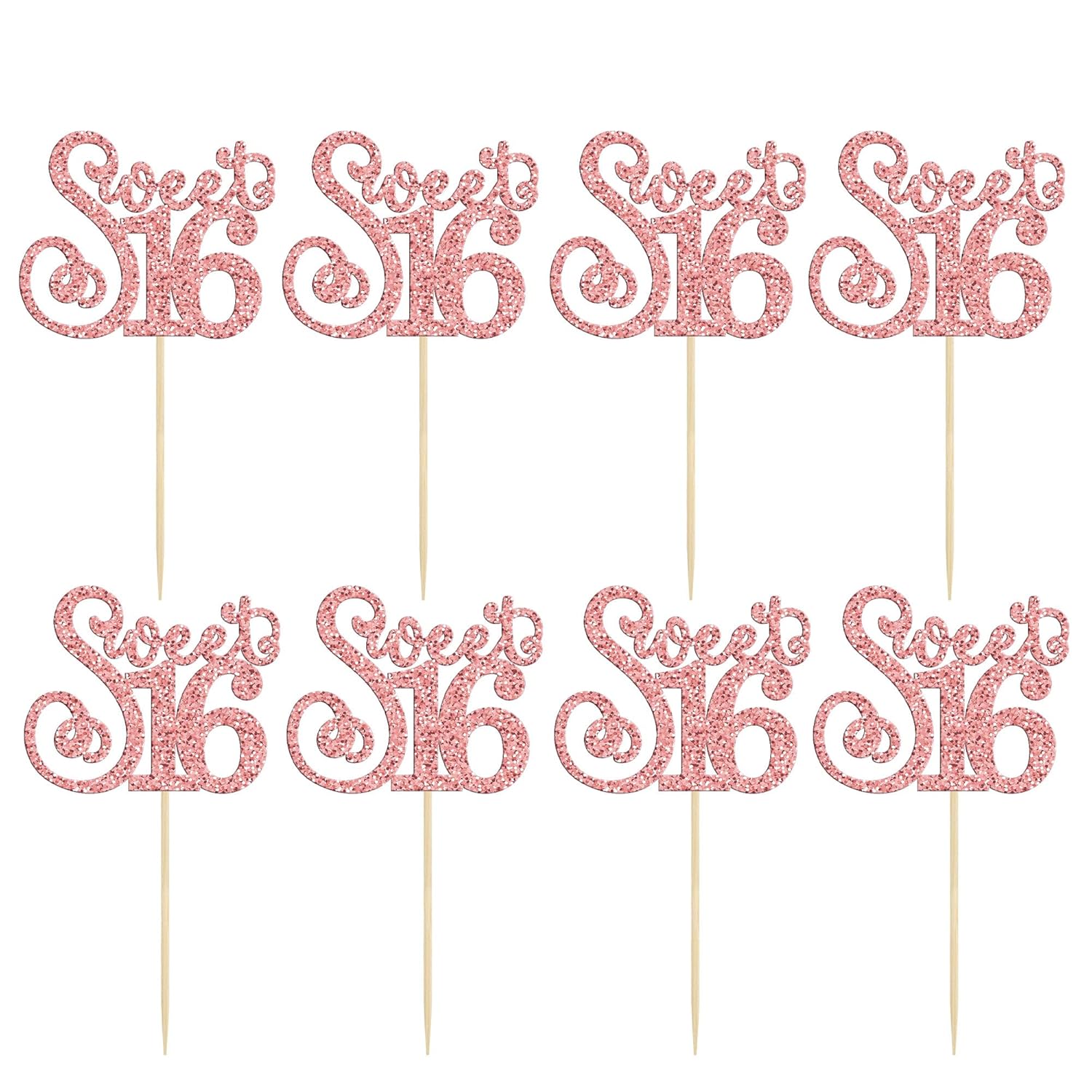 Gyufise 24 Pack 16th Birthday Cupcake Toppers Glitter Sixteen Happy Sweet 16 Cupcake Picks Cheers to 16 Years Old Cupcake Decorations for 16th Birthday Anniversary Party Cake Supplies Rose Gold