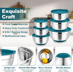 TeamFar Mixing Bowls, Stainless Steel Nesting Salad Bowl with Lids & 3 Graters, For Kitchen Cooking Serving Prepping, Airtight & Non-Slip, Size 4.6/3.5/2/1.5/1/0.7 QT, Set of 5 & Blue