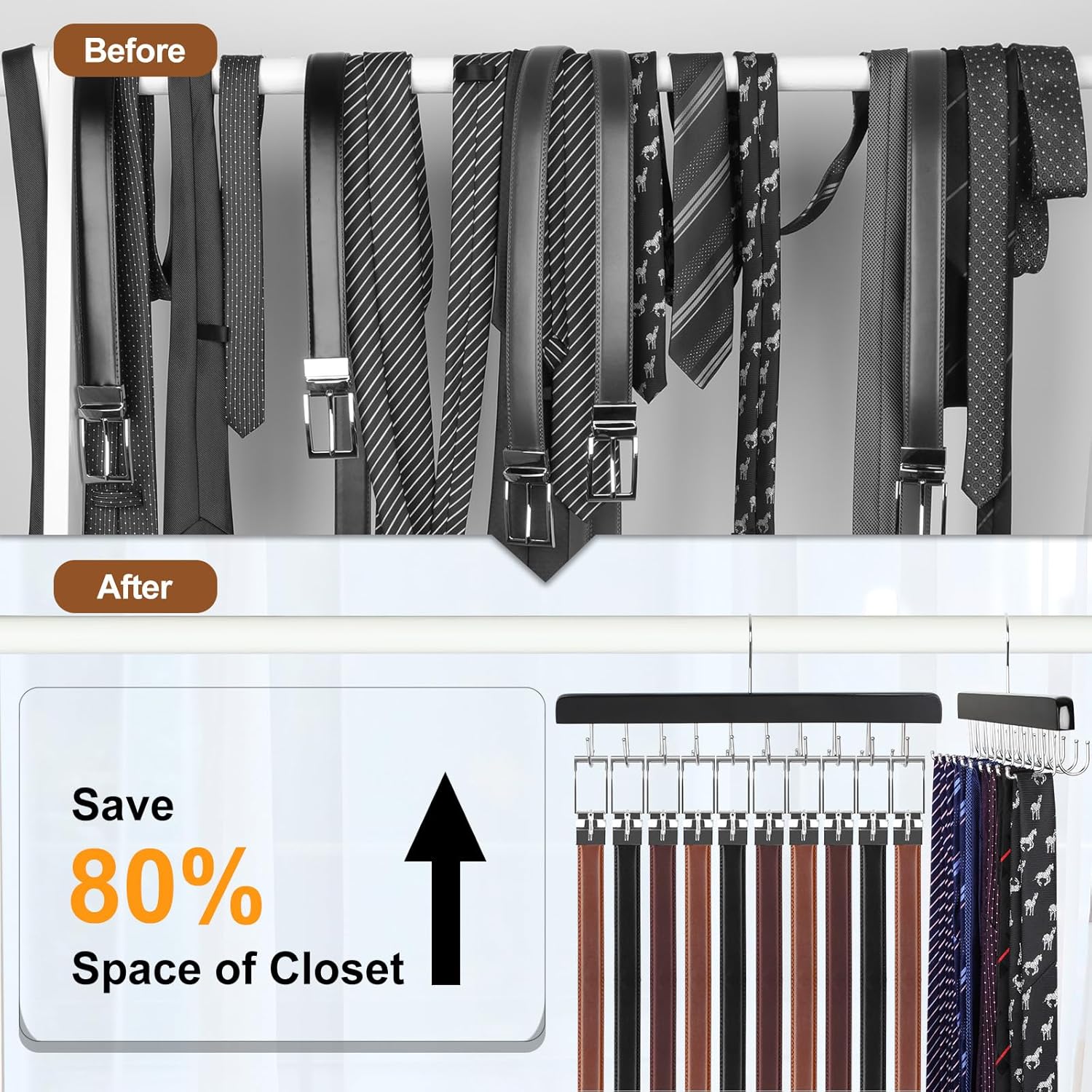 TOPIA HANGER 20 Hooks 2 in 1 Belt Tie Hanger for Closet Max 30 Belts with 30 Ties Capacity, Belt Tie Racks Wooden Hanger for Closet Organizer Storage “U” Fit for Belt and “一” Fit for Tie - CT47B