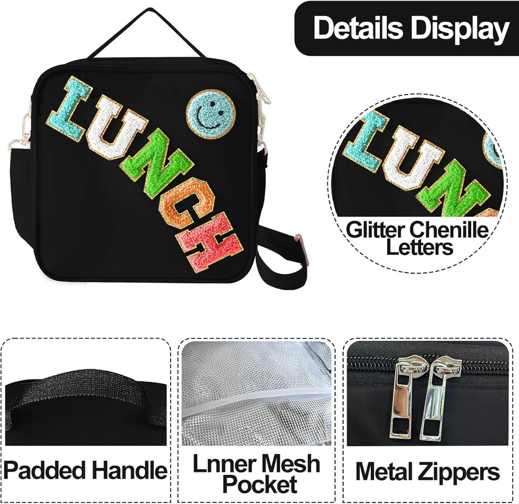 Insulated Lunch Bag With Adjustable Shoulder Strap, Nylon Preppy Lunch Box Large Insulated Lunch Bag Reusable Lunch Tote Bag with Smiley Preppy LunchBag for Girls School Travel Picnic (Black)