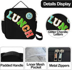 Insulated Lunch Bag With Adjustable Shoulder Strap, Nylon Preppy Lunch Box Large Insulated Lunch Bag Reusable Lunch Tote Bag with Smiley Preppy LunchBag for Girls School Travel Picnic (Black)
