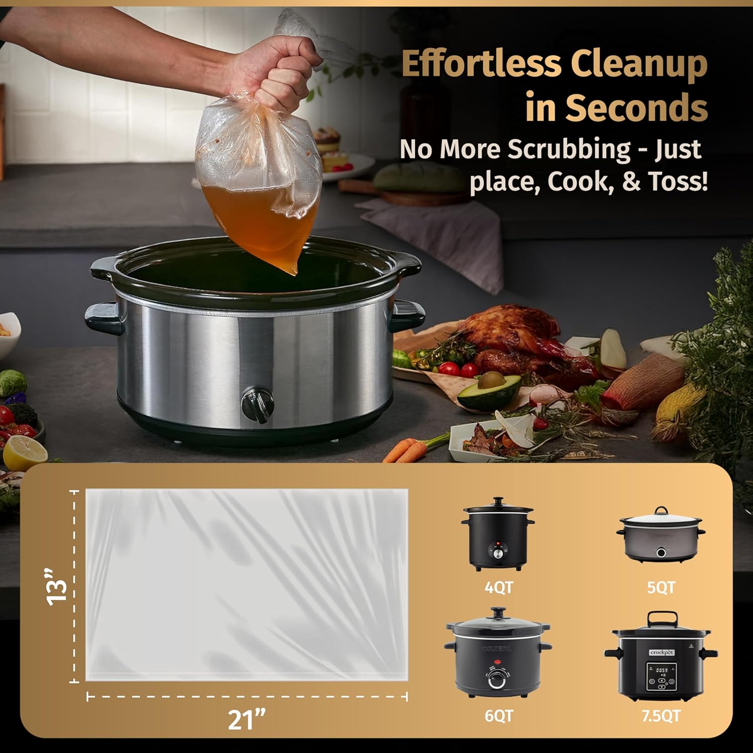 Matiks Slow Cooker Liners 3-8 Quart – Cooking Liner – Large Size 13" × 21" – Fit 3QT to 8.5QT Slow Cookers – Works for Oval & Round Pots – 30 Bags & Recipes Added – Compatible with Crock Pot