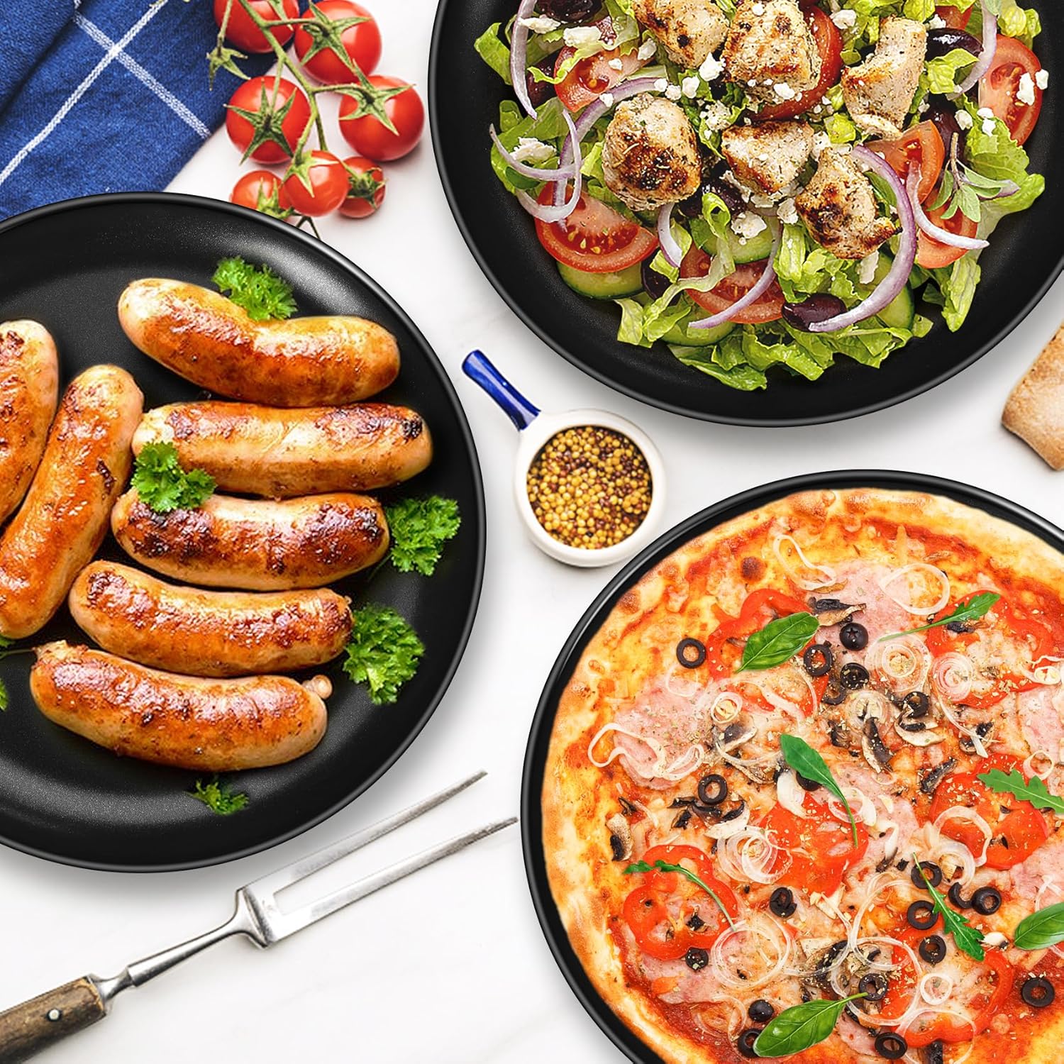 P&P CHEF 12 Inch Pizza Pan, 3 Pieces Stainless Steel Round Pizza Tray Dish Plate For Oven Baking Roasting, Healthy & Heavy Duty, Rust Free & Dishwasher Safe -Black