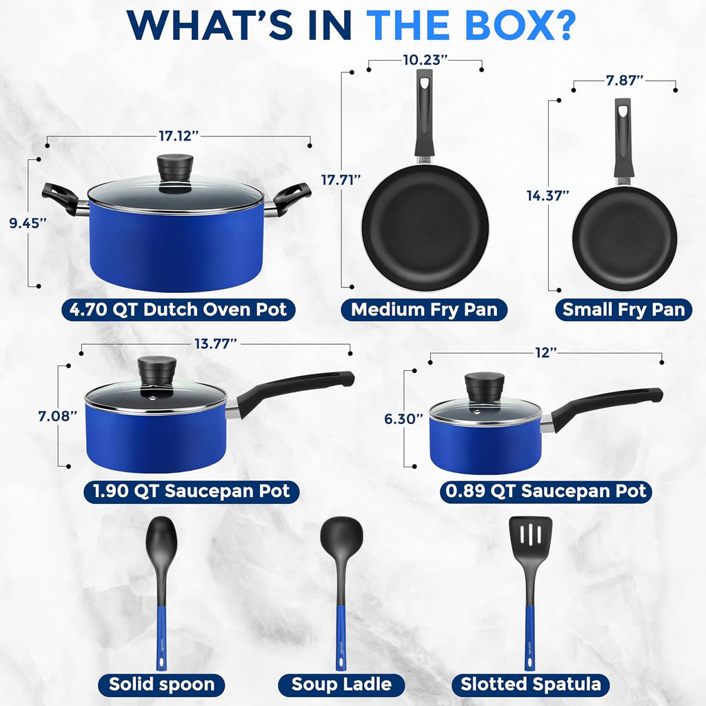 SereneLife Kitchenware Pots & Pans Basic Kitchen Cookware, Black Non-Stick Coating Inside, Heat Resistang Lacquer (11 Piece set), One Size, Blue