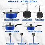 SereneLife Kitchenware Pots & Pans Basic Kitchen Cookware, Black Non-Stick Coating Inside, Heat Resistang Lacquer (11 Piece set), One Size, Blue