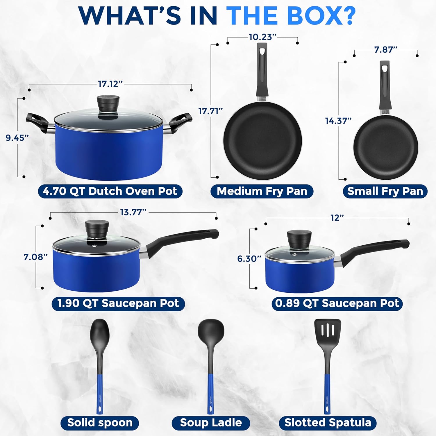 SereneLife Kitchenware Pots & Pans Basic Kitchen Cookware, Black Non-Stick Coating Inside, Heat Resistang Lacquer (11 Piece set), One Size, Blue