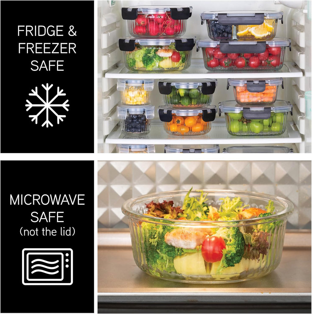 COOK WITH COLOR Premium 32-Pc. Borosilicate Glass Food Container Set with Dividers - 4 Rectangles, 8 Rounds, 4 Squares - Leakproof Lids - Meal Prep, Storage, Fluted Ombre Black