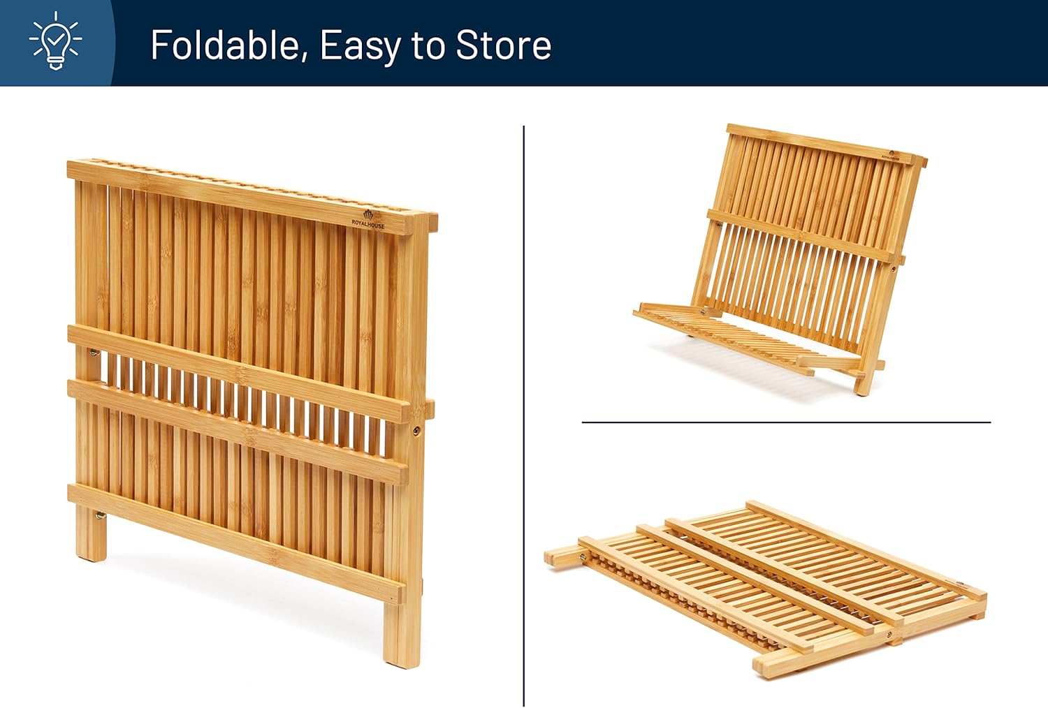 RoyalHouse Premium Natural Bamboo Dish Rack, Collapsible Dish Drainer, Foldable and Compact Dish Drying Rack for Kitchen Counter