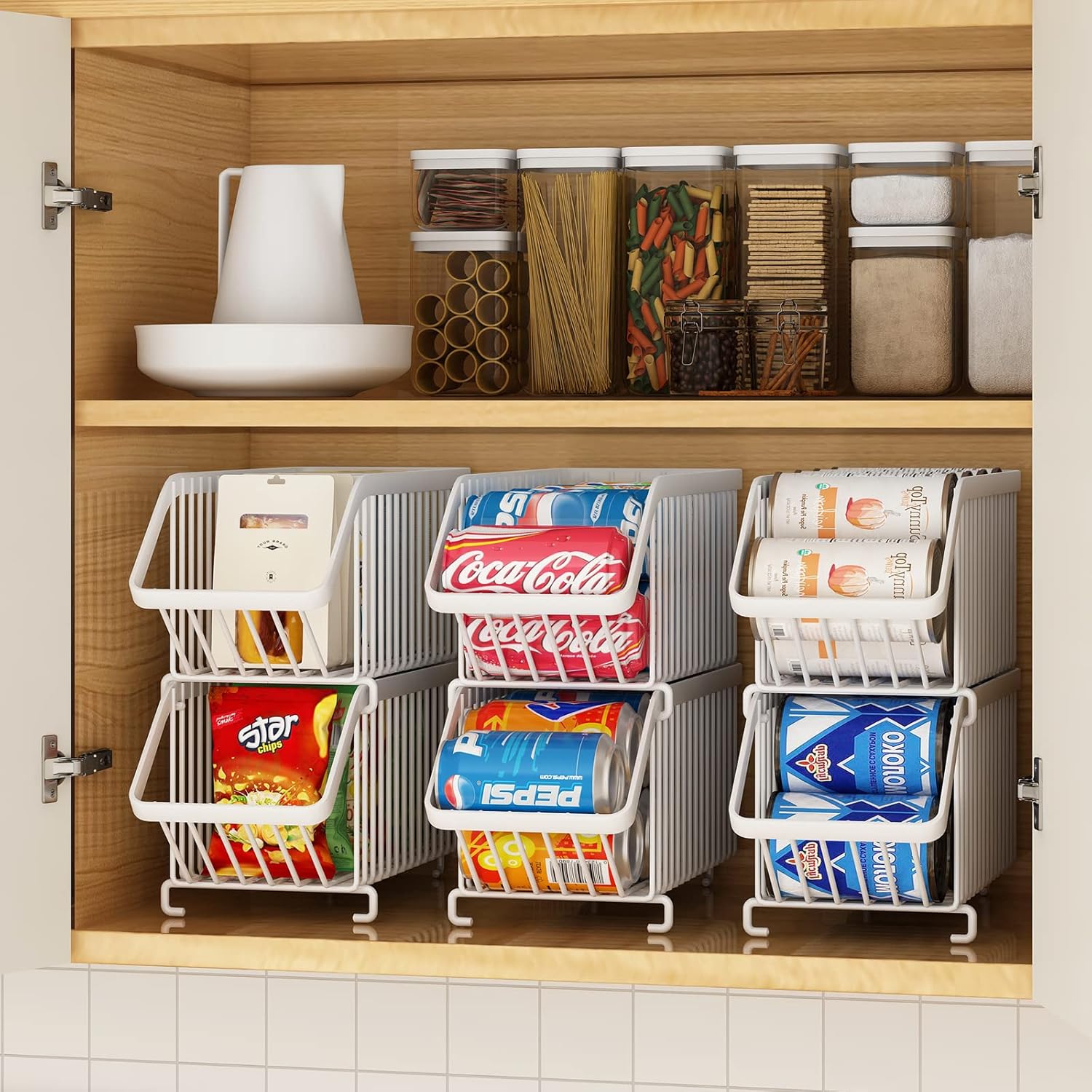 GILLAS 8 Pack Stackable Soda Can Organizer for Refrigerator, Can Holder Dispenser, Canned Food Storage Rack for Fridge, Kitchen, Countertops, Cabinets, White