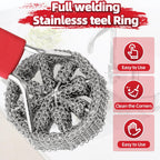 Cast Iron Chainmail Scrubber with Handle - Cleaner for Pans and Pots - Premium Stainless Steel/Silicone Scraper for Skillets - Ergonomic Food-Safe Design - Easy to Clean Cookware Dish Brush