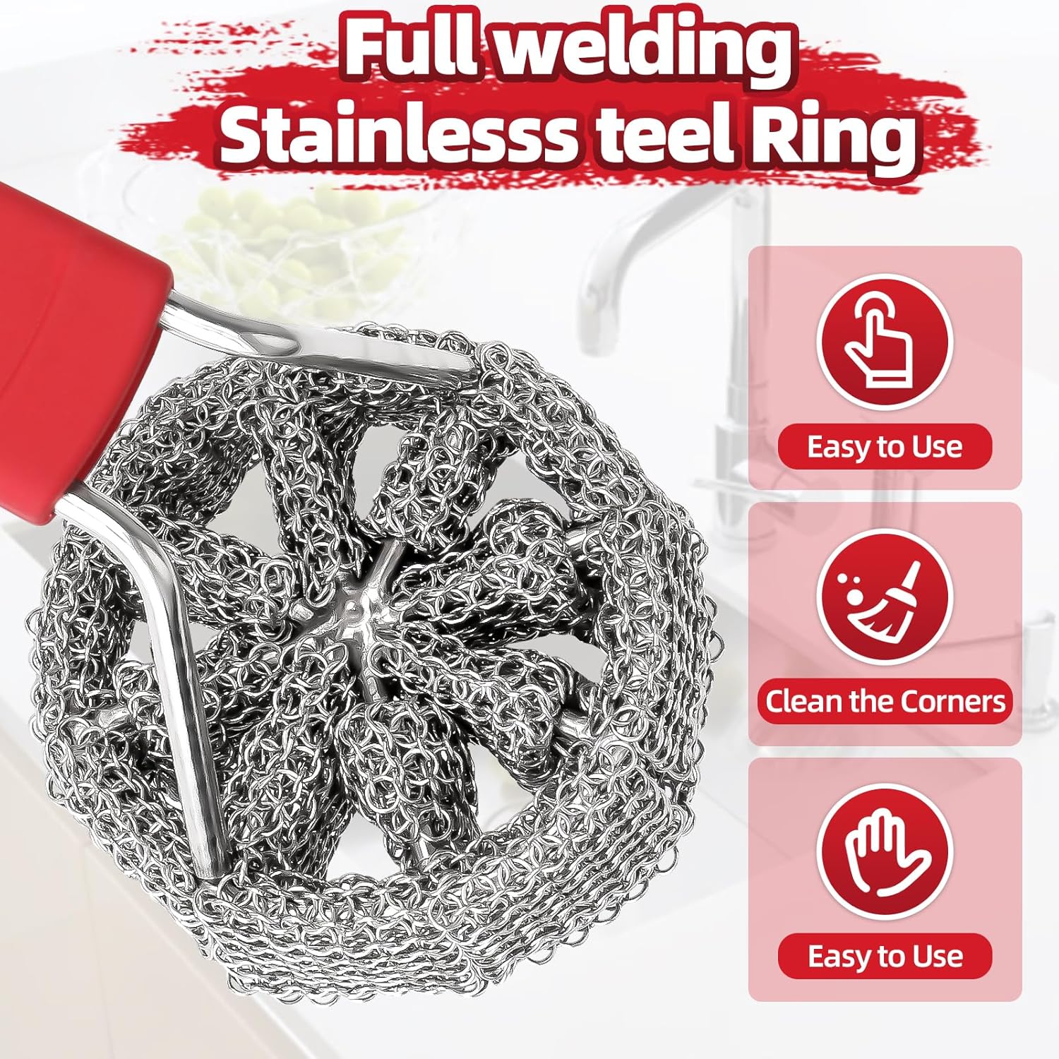 Cast Iron Chainmail Scrubber with Handle - Cleaner for Pans and Pots - Premium Stainless Steel/Silicone Scraper for Skillets - Ergonomic Food-Safe Design - Easy to Clean Cookware Dish Brush