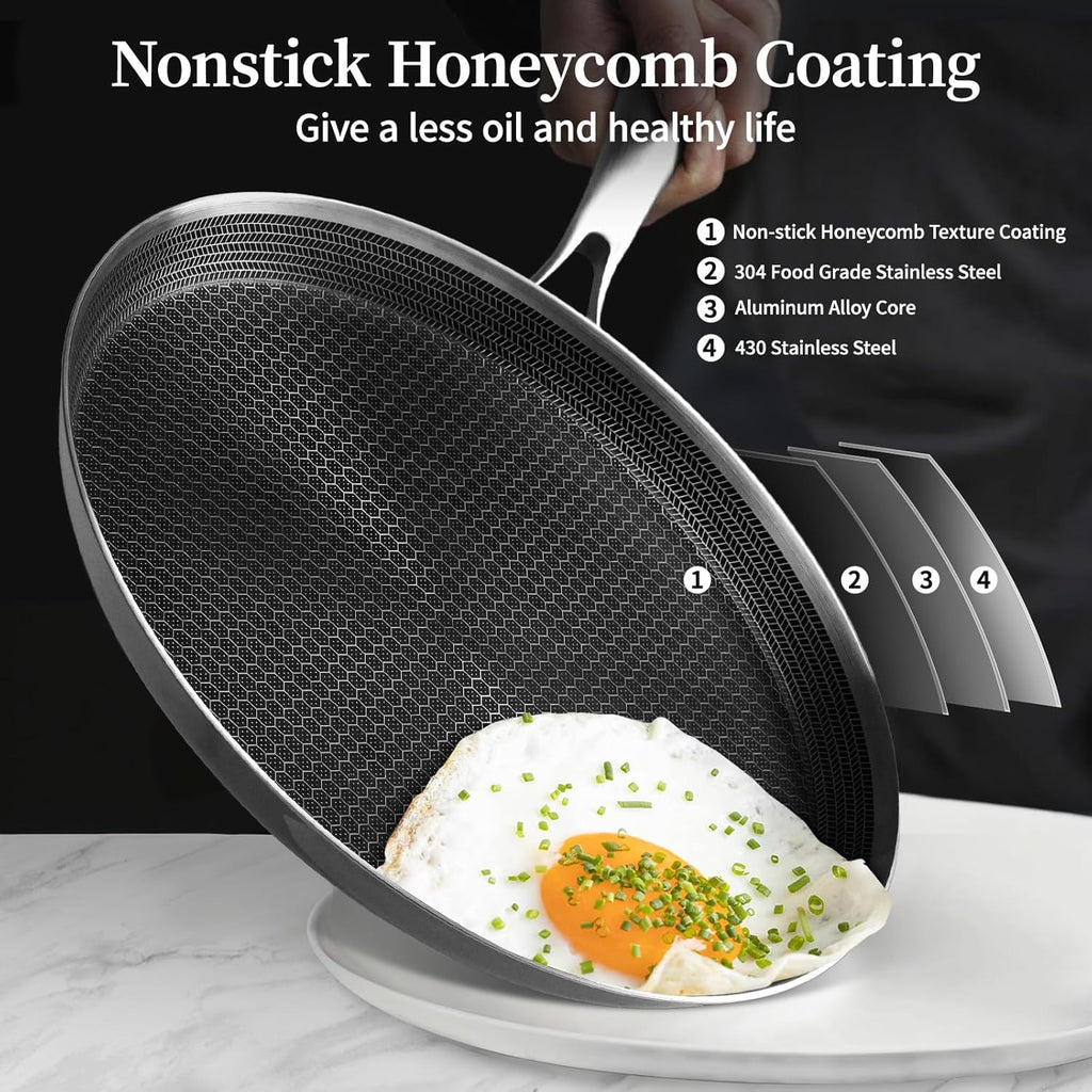 Stainless Steel Crepe Pan - 10 Inch Nonstick Crepe Pan, Stainless Steel Honeycomb Coating Pancake Pan, Non Stick Flat Skillet Tawa Dosa Tortilla Griddle Pan, Induction Compatible, PFOA Free