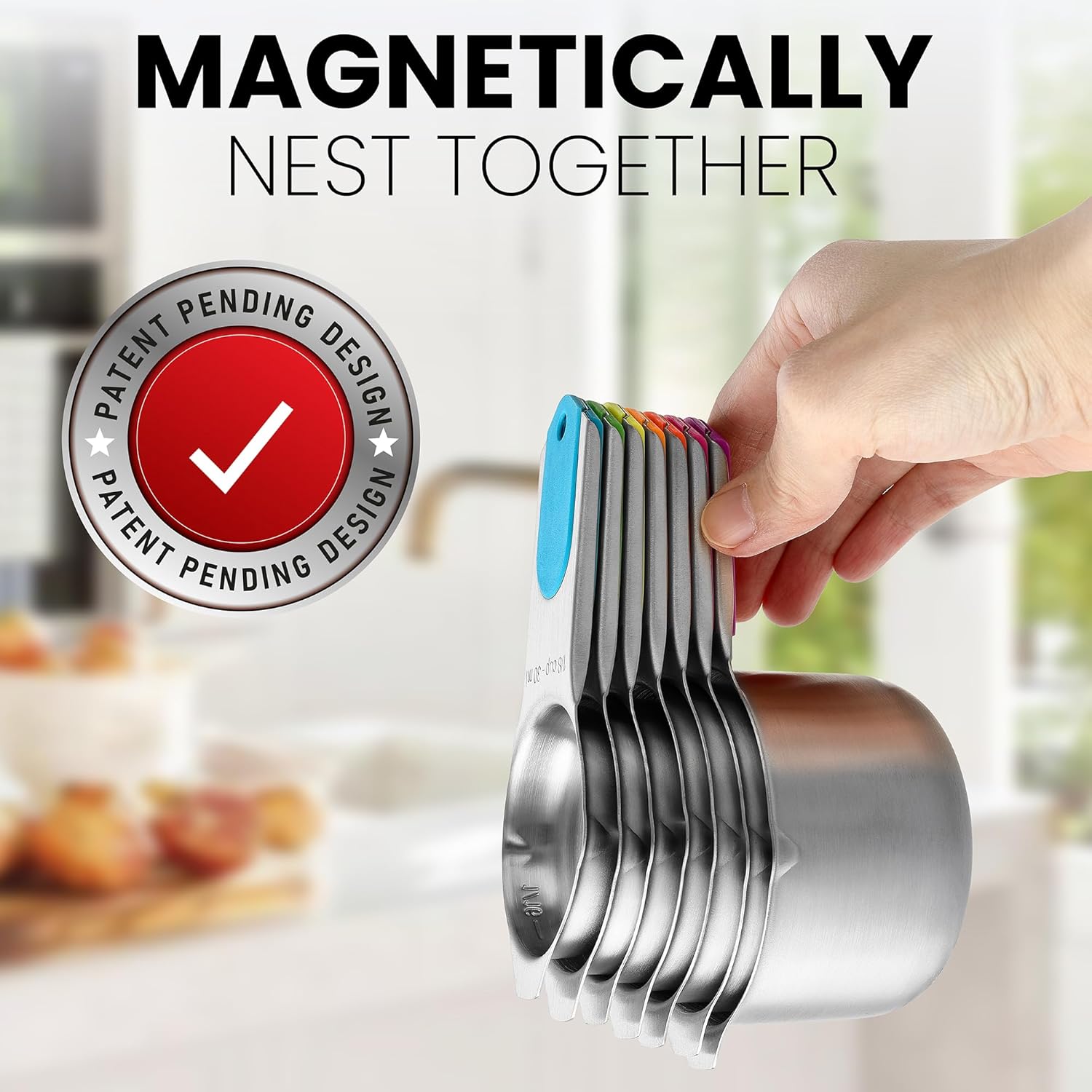 Spring Chef Magnetic Stainless Steel Measuring Cups, Patented, Kitchen Tools with Easy to Read Markings for Measuring Dry or Liquid Ingredients, Set of 7, Neon